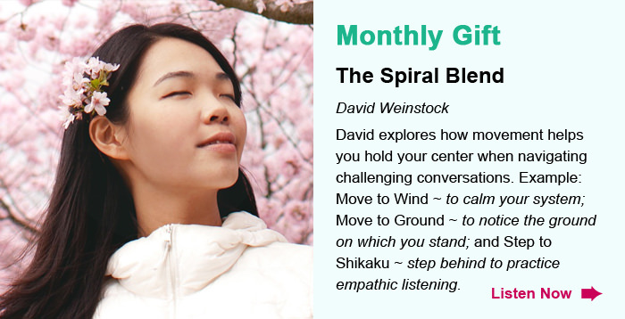 Monthly Gift. The Spiral Blend. David Weinstock. David explores how movement helps you hold your center when navigating challenging conversations. Example: Move to Wind ~ to calm your system; Move to Ground ~ to notice the ground on which you stand; and Step to Shikaku ~ step behind to practice empathic listening. Listen Now.
